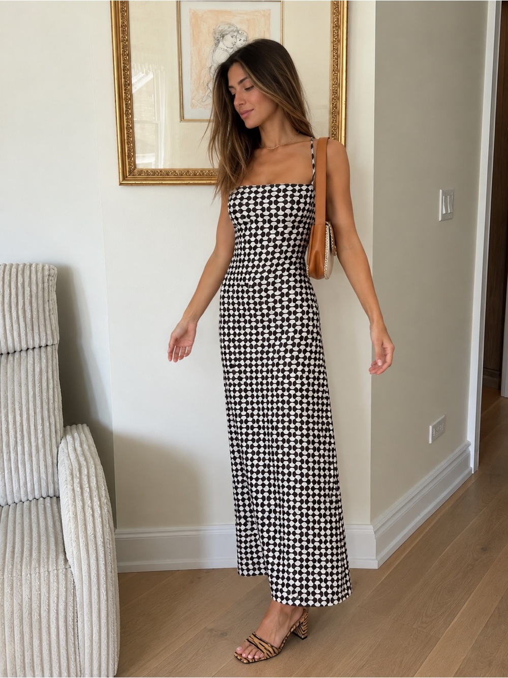 Black & White Check Spaghetti-Strap Maxi Dress